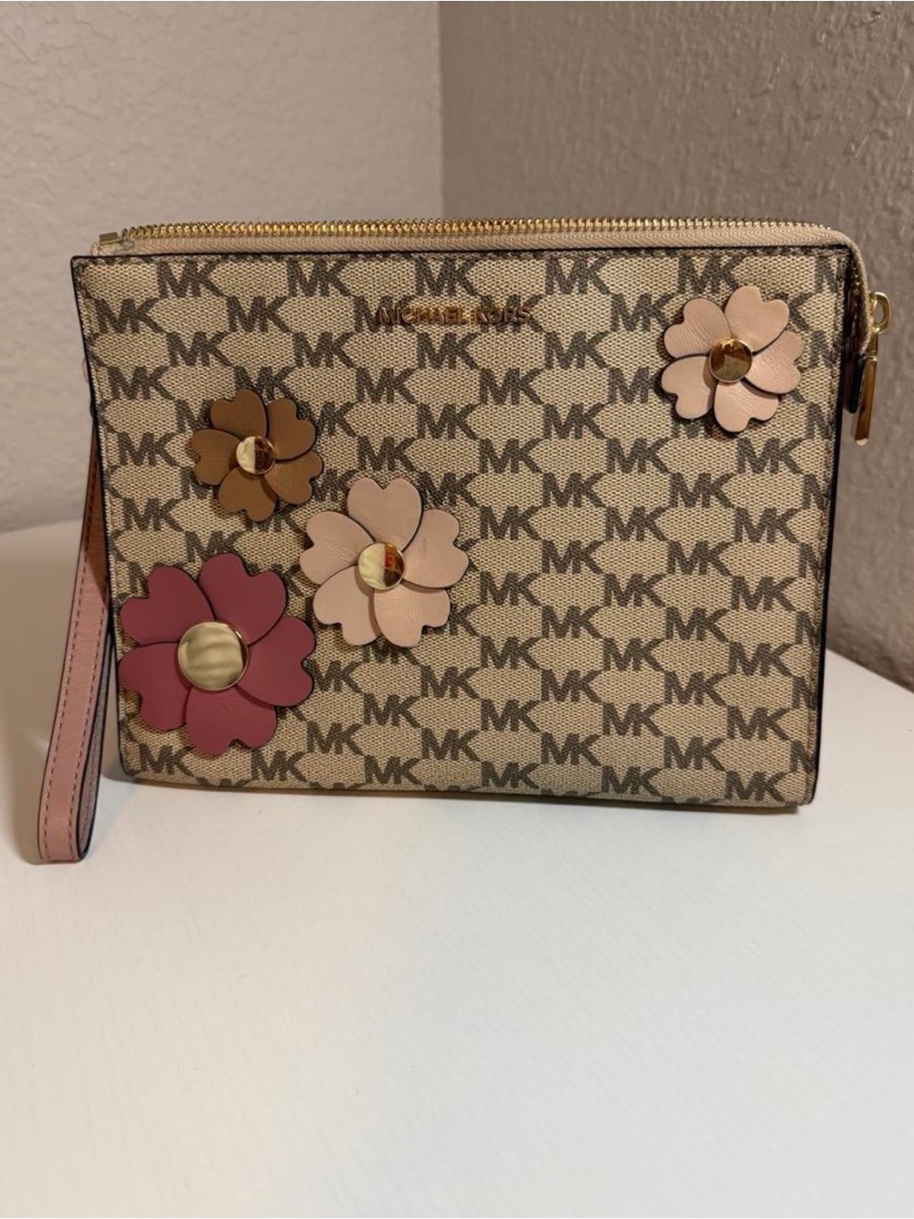 Michael Kors Beige Signature Floral Wristlet with Pink Accents